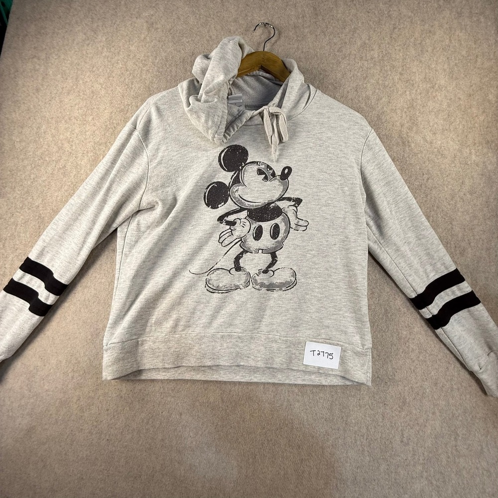 Disney Mickey Mouse Hoodie Womens Medium Grey Cowl Neck Athletic Stripe JT16015